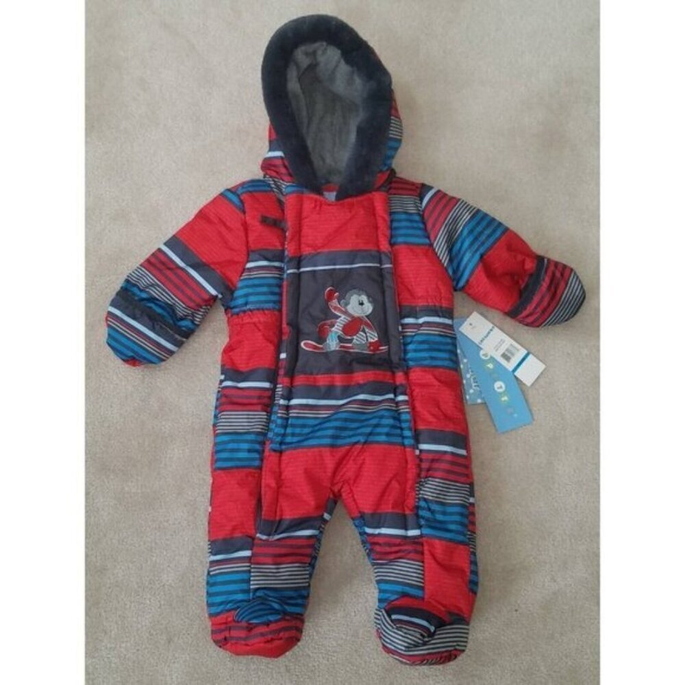 NWT Wippette Snow Suit Hooded Footie Fleece Lined Baby 3-6 Months Red Monkey
